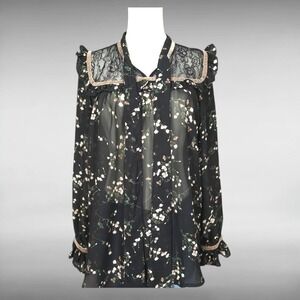 Goth Romantic Sheer Floral Lace Blouse Ruffle Tie Neck Cottage Boho Womens S